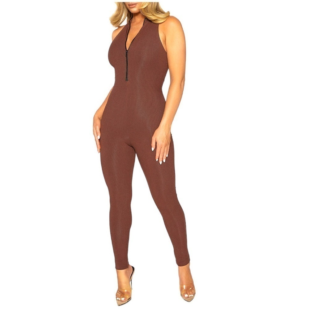 naked wardrobe Brown Halter Zip-Front Jumpsuit